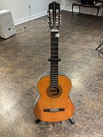 Full front view of the classical dark wood Raven guitar on the Hercules guitar stand, showing the guitar's body, fretboard, and headstock.