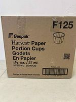Box of Genpak Harvest Paper Portion Cups showing product and quantity details.