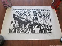 Full view of the black and white print showing stylized people on a boat labeled 'FANDANGO'