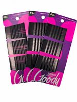 Close-up photo of three packs showing 60 black bobby pins each in purple and pink Goody packaging.