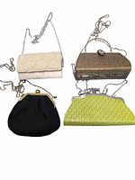 Four evening purses with shoulder straps: pearl bead, gold metallic mesh, green textured weave, and black fabric ruched with gold clasp.