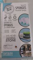 Close-up photo of one pack of 3 household sponges in original packaging showing branding and product features.