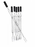 Full set of six metal roasting forks with black plastic handles, displayed against white background, showing original size and shape.