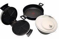 Photo showing waffle maker, lettuce spinner and large deep fry pan together