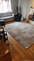 Full view of the rug laid out in a living room showing overall dimensions, pattern, and condition