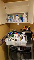 Wide view of the laundry room setup showing a plastic bin on top of the dryer full of various spray bottles, liquid detergent bottles on the shelf above, and small waste bins and hangers below the shelf.