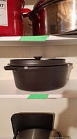 Cast iron oval roast pan with lid on shelf showing size and shape.