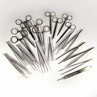 Top view of the entire set showing forceps, scissors, tweezers, and scalpel handle fanned out on a white background.