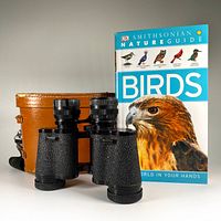 Vintage Revue binoculars and leather case beside Smithsonian Nature Guide to Birds showing bird cover photo