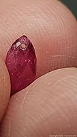 Close-up photo of the natural pink red ruby held between fingers, showing briolette cut and drilled hole for jewelry use.