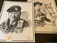 Two Dale Adkins black and white sketches, one of a soldier in uniform with beret and the second of a cowboy with horse, both signed by the artist.