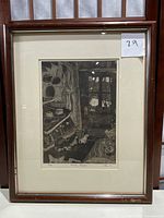 Full photo of the framed etching titled Inside Allegory with visible frame and matting, showing condition details.