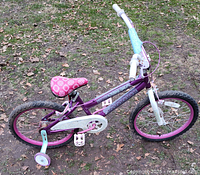Side view of purple girls' bike on grass with training wheels, white chain guard and pink floral seat.