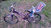 Side-angle view of purple Schwinn Sidewinder bike with child's seat mounted on rear.