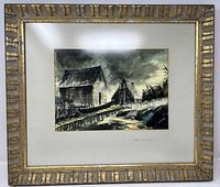 Framed watercolor painting with two buildings and a wooden walkway under a stormy sky.