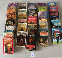 Top view of 32 paperback books arranged in rows, showing a mix of fantasy and science fiction titles including Harry Potter, Perry Rhodan, Tom Swift, and Star Trek among others.
