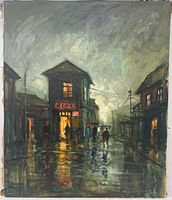 Full view of oil on canvas painting showing a rainy street scene with several figures, umbrellas, and illuminated shops.