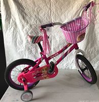 Side view of pink Skye Paw Patrol bike with training wheels, striped padded seat, and handlebar streamers