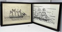 Photo showing two framed black and white drawings of sailing ships side-by-side, titled Marco Polo and Cutty Sark, both in wooden frames with minor wear