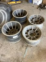 Overhead view of all four wheels arranged on floor