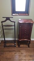 Photo of the solid wood suit butler and jewellery stand side by side, showing the full height and overall design.