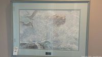 Full view of the framed print showing a grizzly bear and birds in dynamic water splash scene.