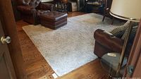 Full room view showing light grey shag area rug on wood floor with furniture around it.