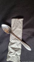 Full view of Towle sterling silver demitasse spoon laid on cloth to show item and handle shape.