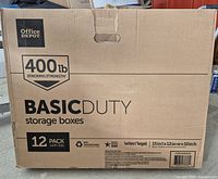 Cardboard shipping box showing the Office Depot branding, specifications including 400 lb stacking strength, letter/legal size, 12 pack with lids, dimensions 15x12x10 inches.
