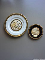 Front view showing the larger white and gold hummingbird plate alongside the smaller black swan plate with gold rims.