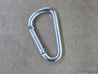 Close-up photo of a single silver metal spring clasp clip carabiner showing the shape and spring-loaded clasp mechanism.