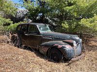 Left front three-quarter view of sedan under pine trees showing body panels, front fender, hood and driver's side doors