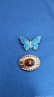 Top down view showing two brooches on a blue background: one oval silver brooch with amber, one blue butterfly brooch.