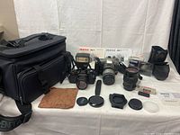 Overview of cameras, lenses, flash, bag, and accessories laid out