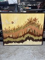 Full view of the large Mid-Century Modern textured acrylic landscape painting in a wood frame.
