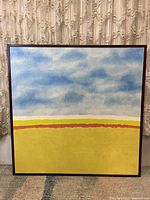 Full frontal view of the square canvas painting depicting sky and field abstract landscape.