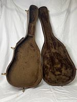 Open guitar case showing brown plush high-pile interior, contoured to fit guitar shape.