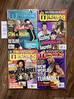 Four Pro Wrestling Illustrated magazines arranged side-by-side showing various wrestling personalities on the covers including Sting, Hogan, Mabel, Diesel, and The Bodydonnas. Magazines show wear and creasing.