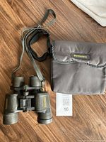 Front view of Bushnell binoculars and gray carrying case on wooden floor. Binoculars have attached green strap.