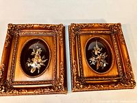 Front view of two framed art pieces with ornate wood frames, showing real Hawaiian flowers and foliage plated in gold arranged behind glass.