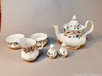 Full set shown including teapot with lid, cream pitcher, two sugar bowls, salt and pepper shakers, all with matching floral and gold trim pattern.