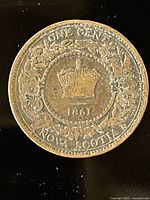 Reverse side of 1861 Nova Scotia 1 cent coin with crown and legends