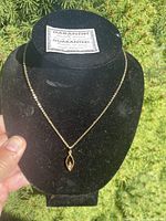 Full view of necklace on display bust showing chain length and pendant