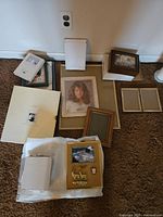 Photo showing a variety of picture frames of different sizes and styles arranged on carpet, including wood, metal, and small decorative frames.