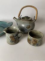 Close-up view of teapot, creamer, and sugar bowl details and floral design.