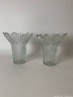 Two clear glass flower vases standing side by side, showing scalloped petal rims and ribbed textured pattern.