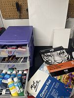 Overall lot showing plastic drawer organizer with art supplies, canvases, and sketchbooks