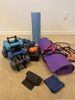 Full view of the gym equipment showing dumbbells, yoga mat, foam roller, skipping ropes and resistance bands