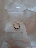 Photo of a single small gold hoop earring sealed inside a small clear plastic bag on a white crumpled paper background.