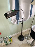 Full view of the black metal desk lamp with adjustable curved arm and weighted base, standing beside another lamp and some books.